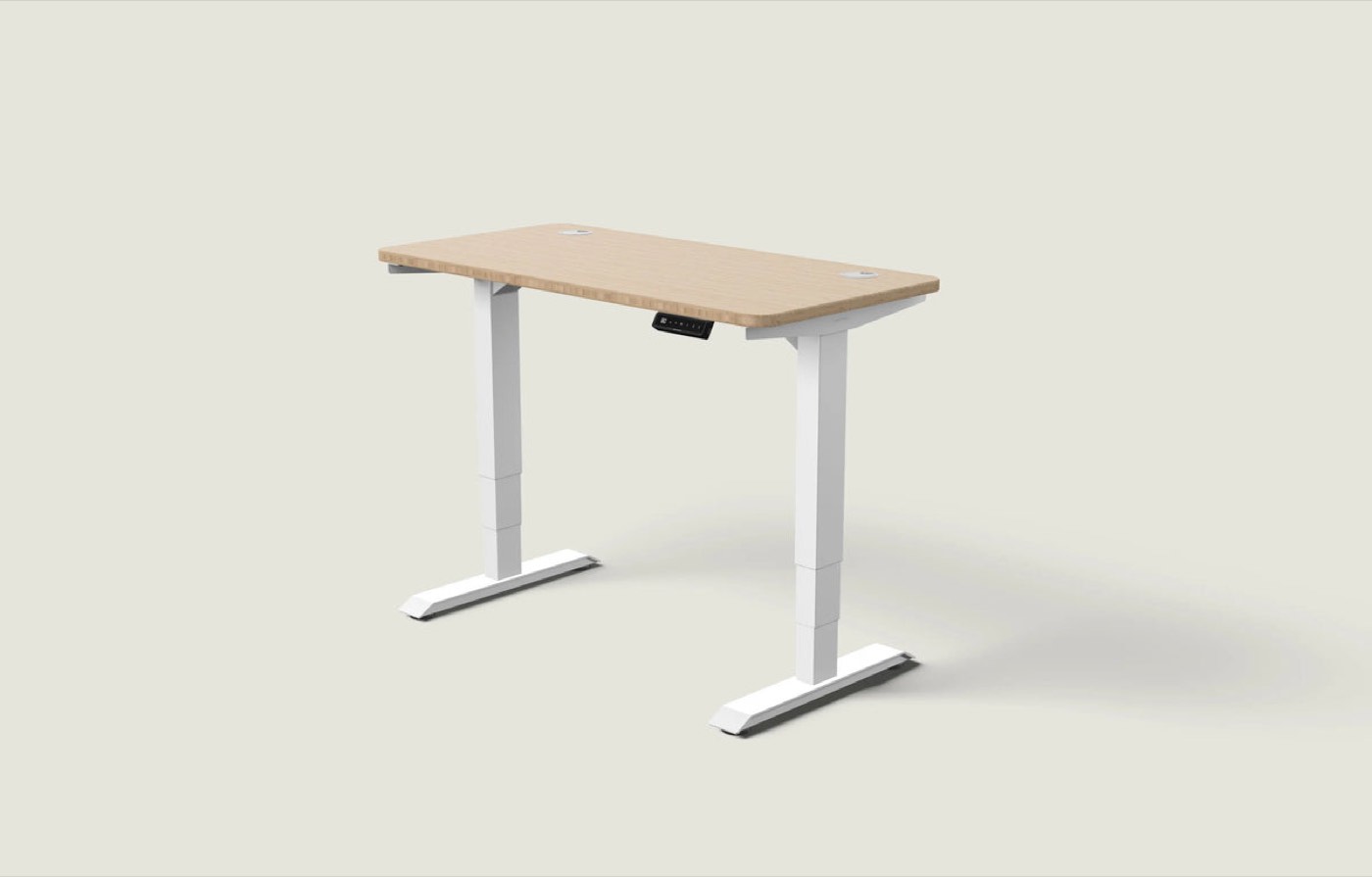 White HomePro height-adjustable desk with a bamboo top